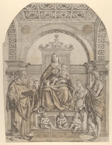 The Virgin and Child enthroned surrounded by saints and angels by Girolamo Mocetto, print, 1490-1530