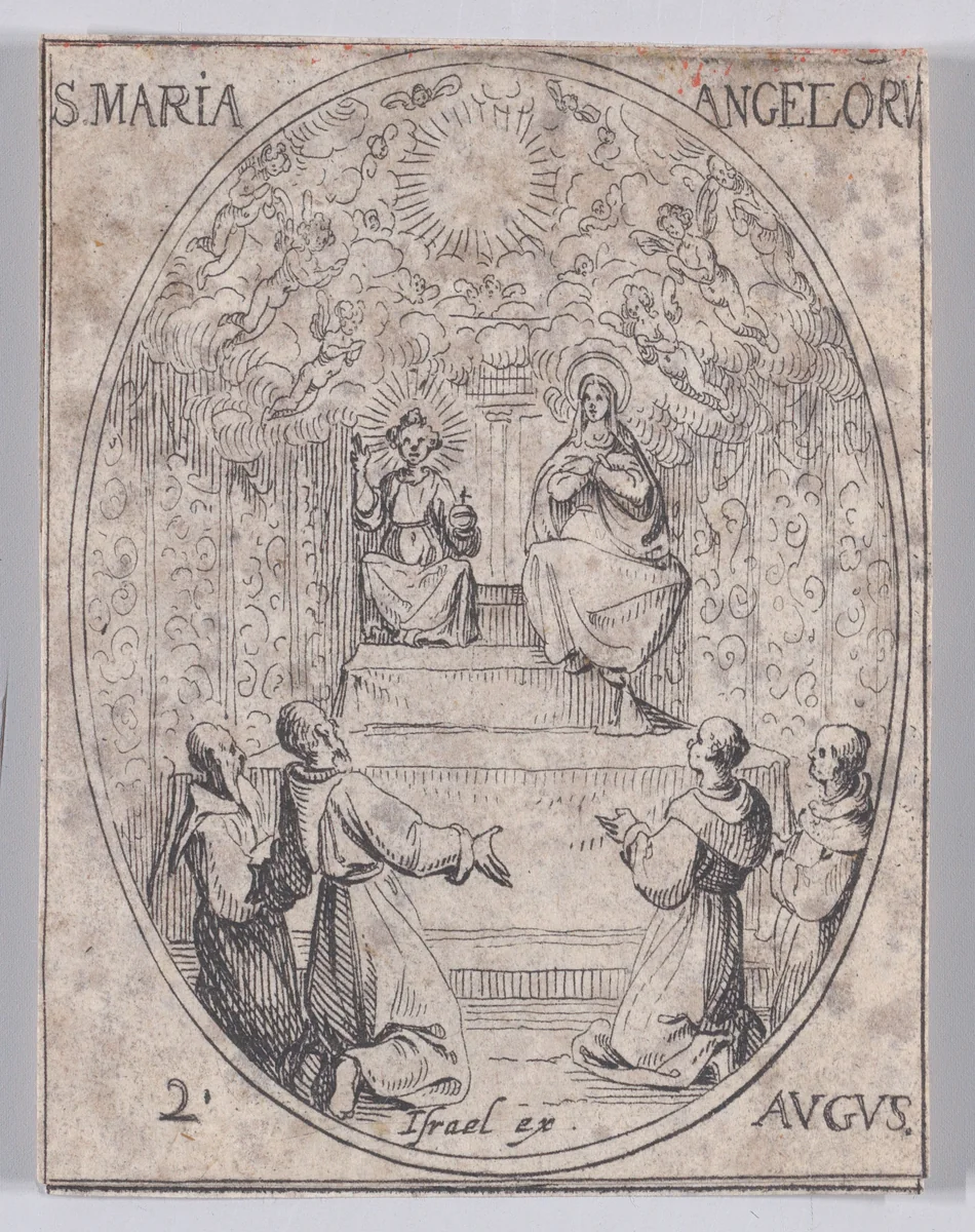 Ste. Marie-des-Anges (Our Lady of the Angels), August 2nd, from "Les Images De Tous Les Saincts et Saintes de L'Année" (Images of All of the Saints and Religious Events of the Year) by Jacques Callot, print, 1636