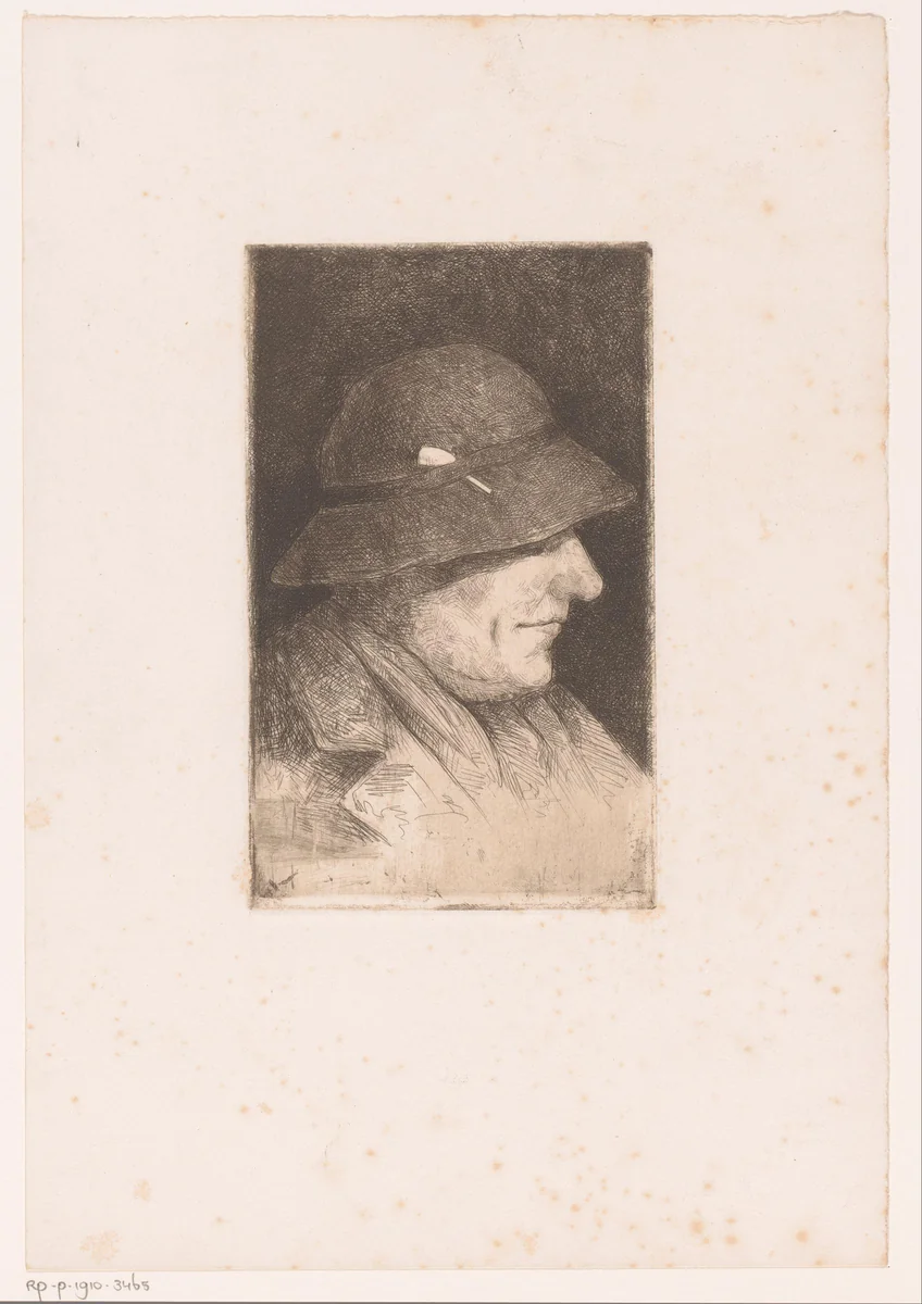 Portret van een onbekende man met een pijp in de band van zijn hoed by Fr. van Groeningen, print, 1850-1910