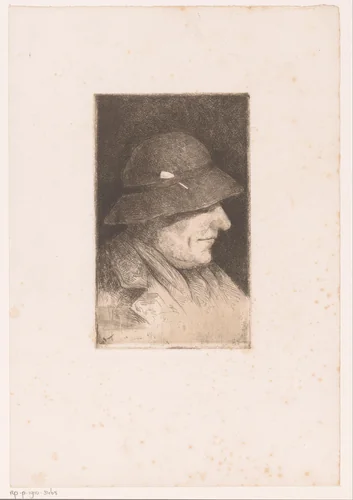 Portret van een onbekende man met een pijp in de band van zijn hoed by Fr. van Groeningen, print, 1850-1910