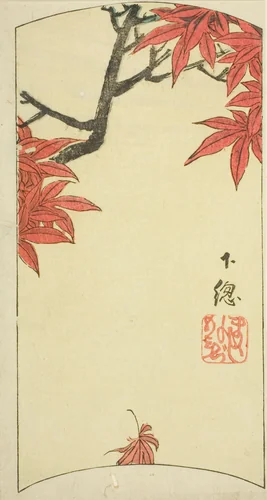 Maple Leaves in Shimosa Province (Shimosa, momiji), section of sheet no. 7 from the series "Cutout Pictures of the Provinces (Kunizukushi harimaze zue)" by Utagawa Hiroshige (歌川広重), print, 1852
