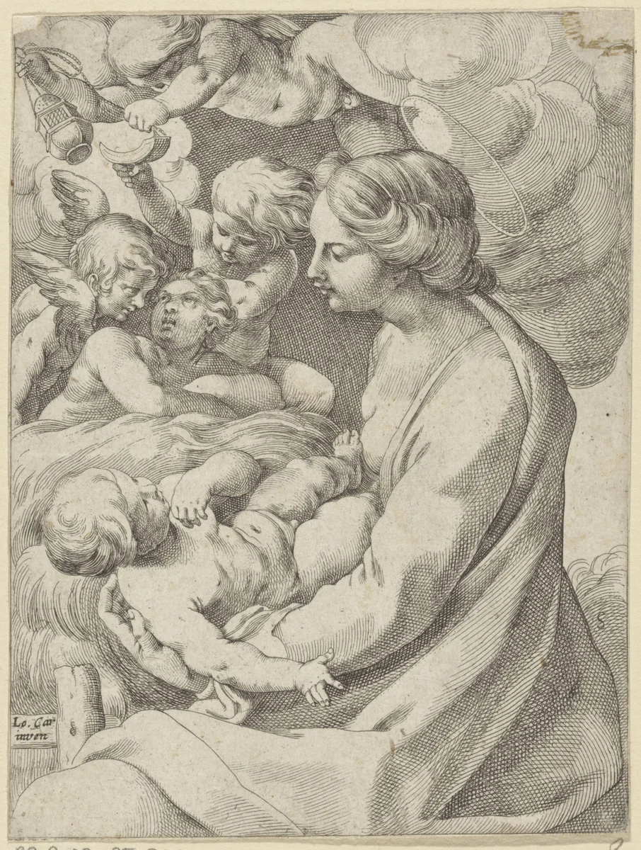 Maria met Kind en engelen by anonymous, print, 1595-1610