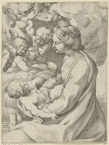 Maria met Kind en engelen by anonymous, print, 1595-1610