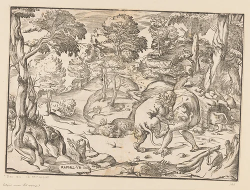Hercules en de Nemeïsche leeuw by anonymous, print, 1493