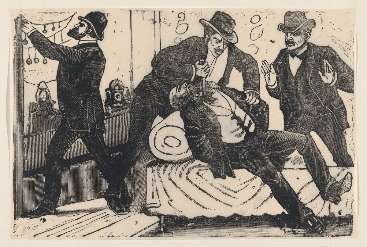 A man stabbing another man in the chest while his associates loot a store, from a broadside entitled 'The theft at La Profesa' by José Guadalupe Posada, print, 1887-1897