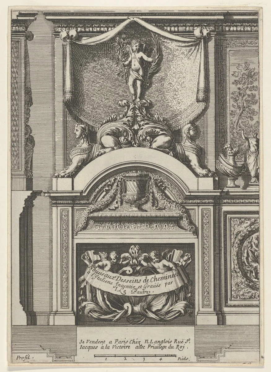 Design for a Fireplace Surmounted by Sphynxes and Cupid, title page from "Nouveaux dessins de cheminées à l'italienne" by Jean Le Pautre, print, 1635-1645