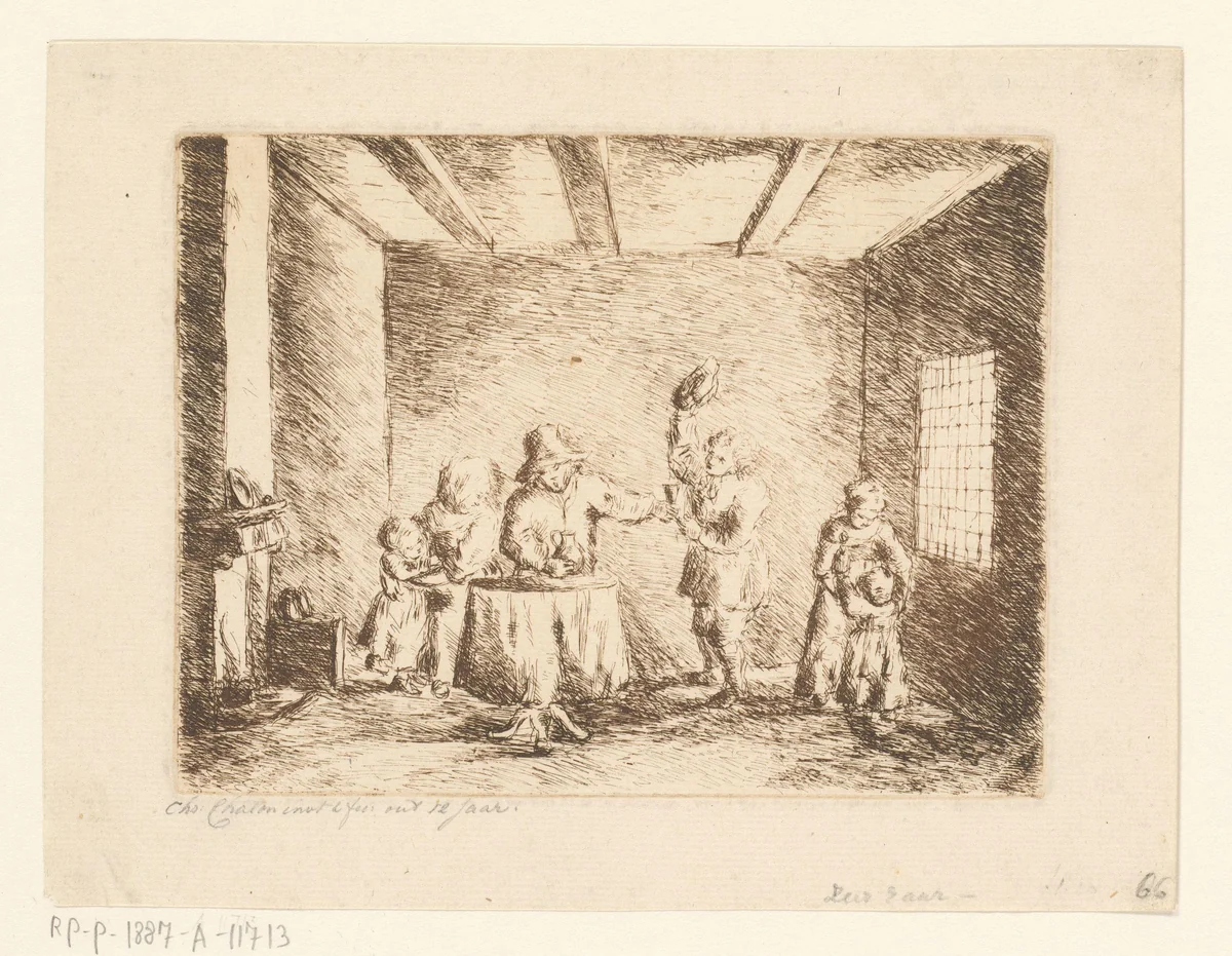 Woonkamer met boerengezin by Christina Chalon, print, 1758-1808