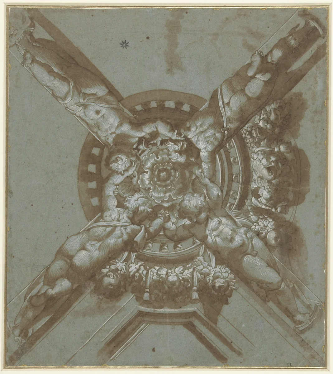 Ontwerp voor plafondschildering met vier putti by Orazio Samacchini, drawing, 1570-1577