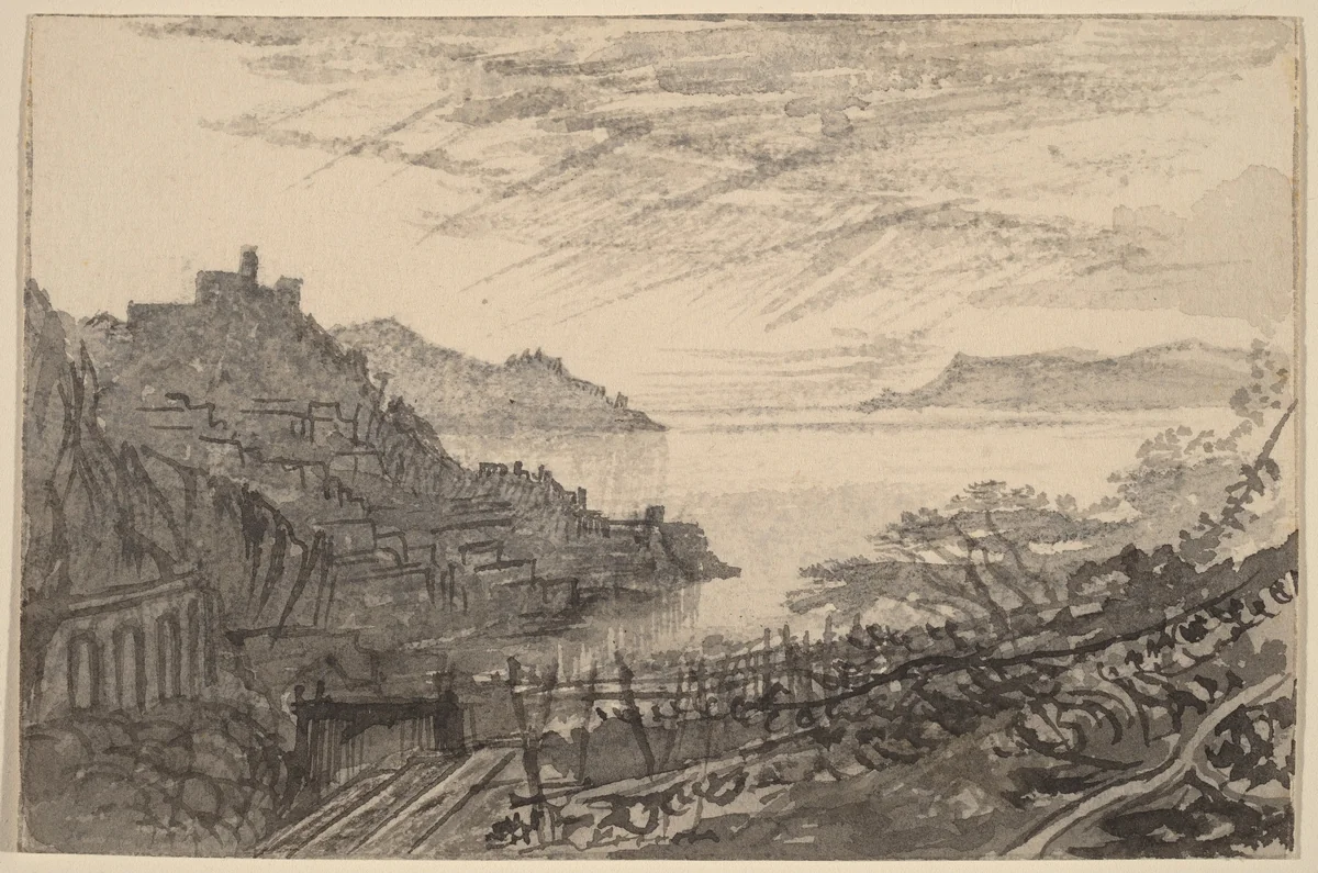 View of a Bay from a Hillside (Amalfi) by Edward Lear, drawing, 1884-1885