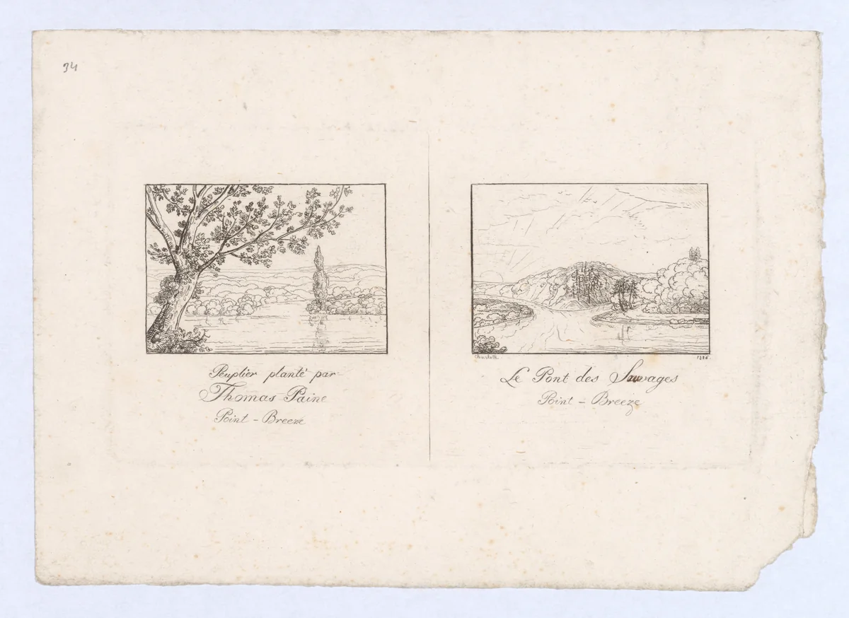 Peuplier plante par Thomas Paine and Le Pont des Sauvages, Point-Breeze (Poplar Tree Planted by Thomas Paine and The Native Bridge at Point Breeze, near Bordentown, New Jersey) by Charlotte Bonaparte, print, 1826