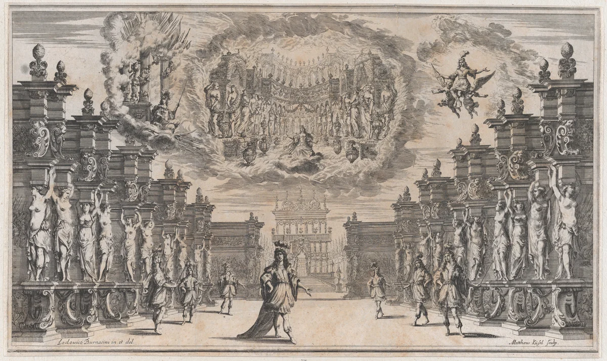 Courtyard of a palace with a man standing at center surrounded by attendants; above, a vision of a woman in a similar scene; set design from 'Il Pomo D'Oro' by Mathäus Küsel, print, 1668