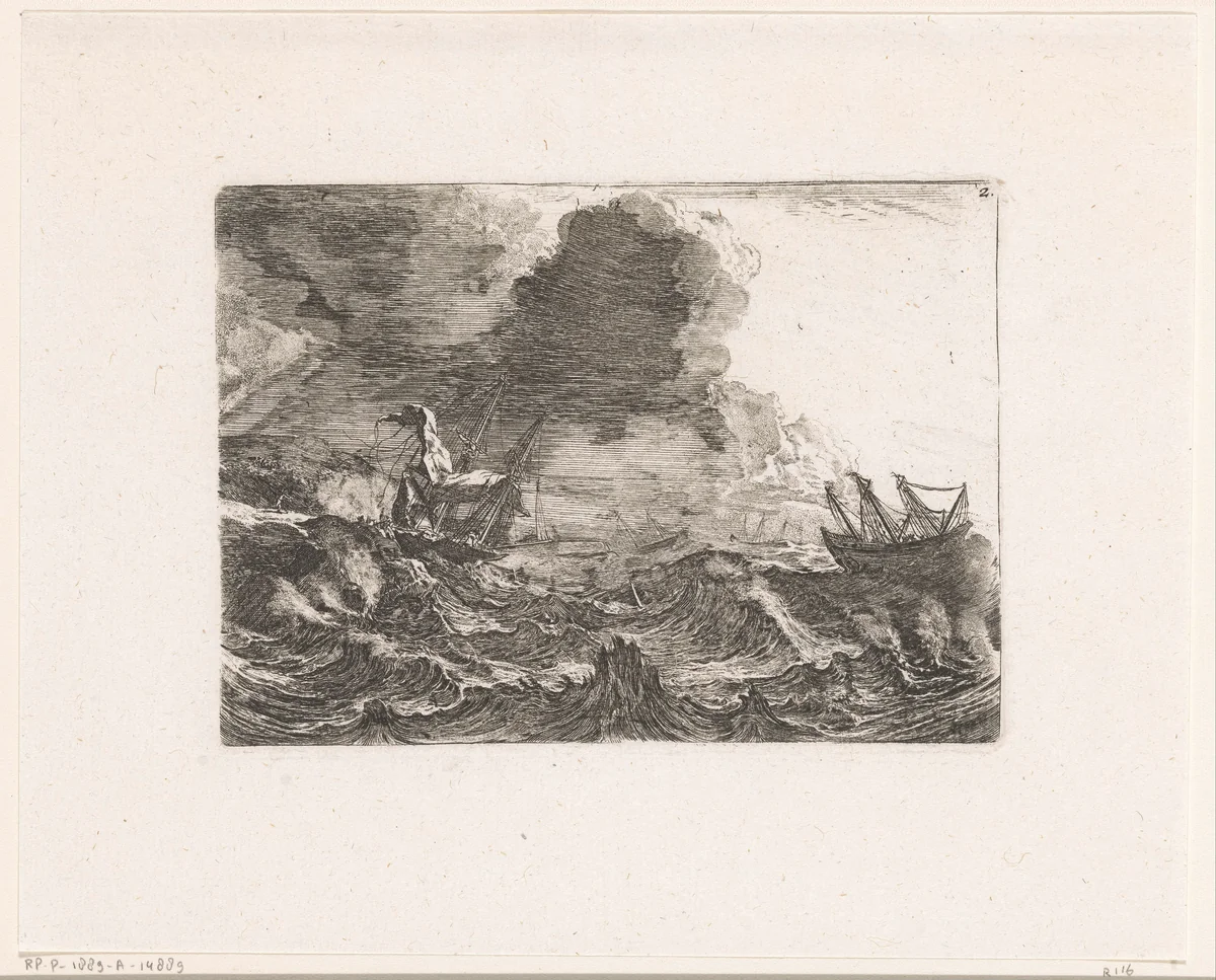 Schepen in een storm op zee, een schip gestrand op de rotsen by Johann Wilhelm Baur, print, 1640