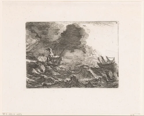 Schepen in een storm op zee, een schip gestrand op de rotsen by Johann Wilhelm Baur, print, 1640