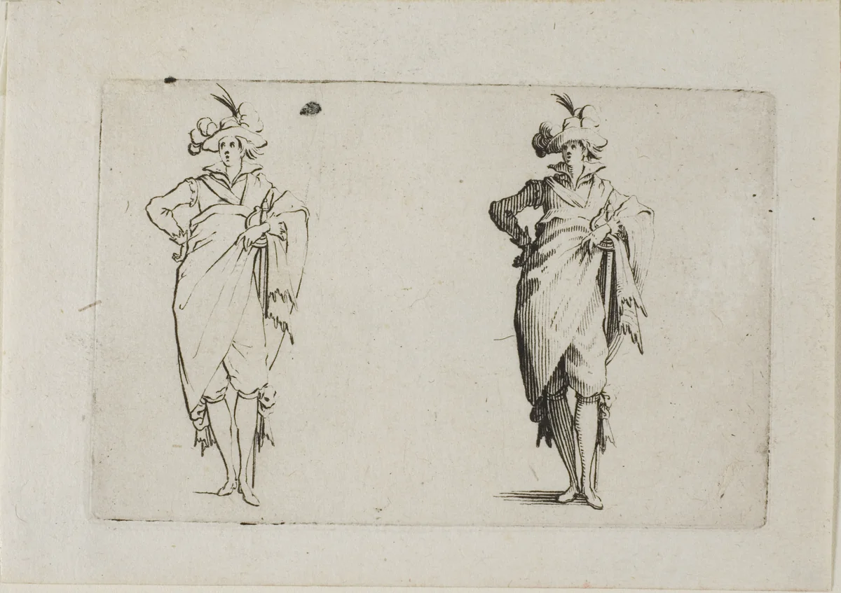The Gentleman Seen from the Front, with his Right Hand on his Hip, from The Caprices by Jacques Callot, print, 1617-1627