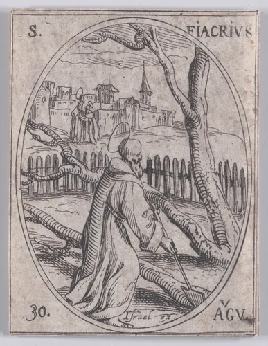 St. Fiacre, August 30th, from "Les Images De Tous Les Saincts et Saintes de L'Année" (Images of All of the Saints and Religious Events of the Year) by Jacques Callot, print, 1636