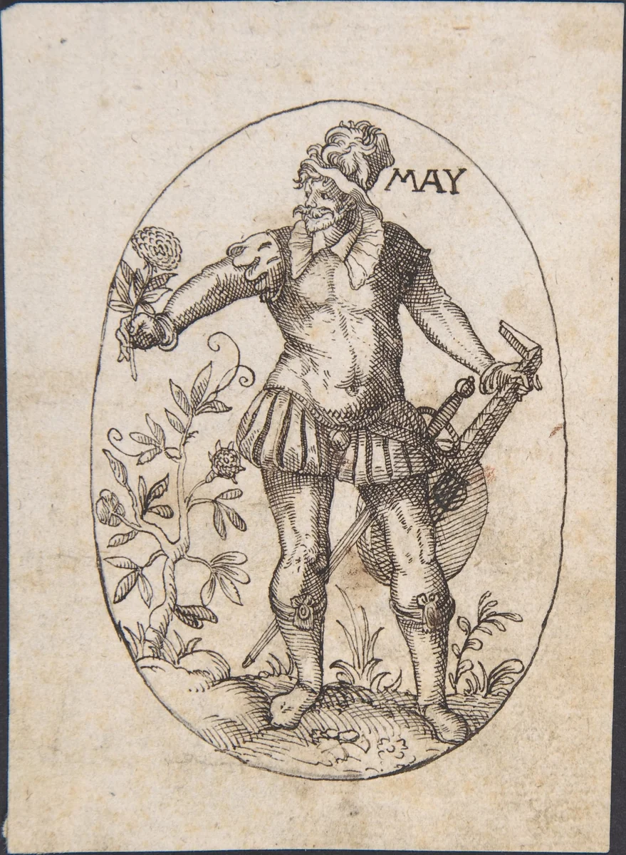 The Month of May: An Elegant Man Holding a Flower and Lute by Erasmus Hornick, drawing, 1500-1583