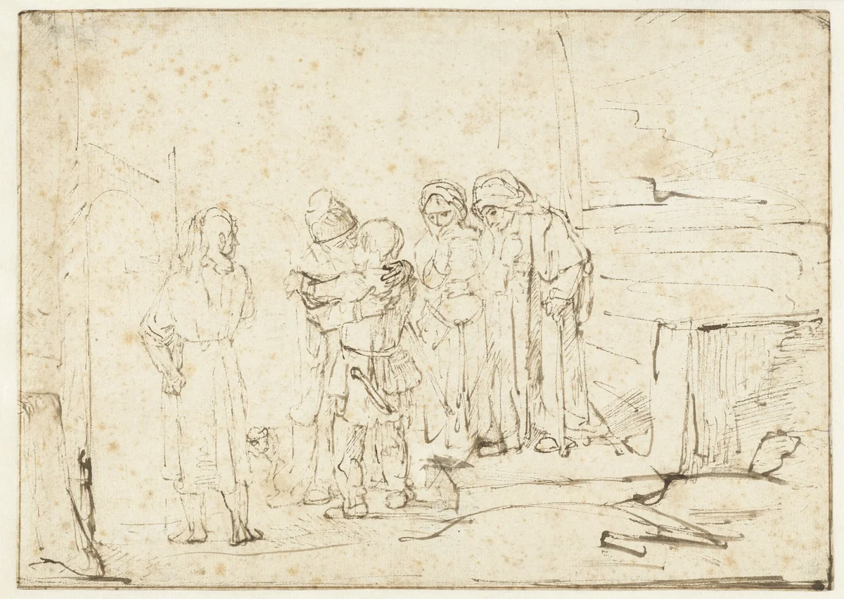 Tobias and the Angel Taking Leave of Raguel by Rembrandt van Rijn, drawing, 1650-1655