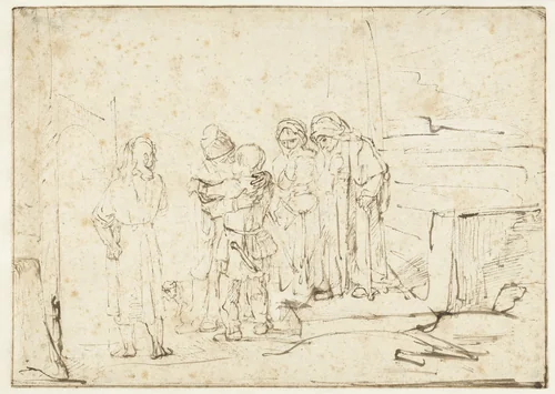 Tobias and the Angel Taking Leave of Raguel by Rembrandt van Rijn, drawing, 1650-1655