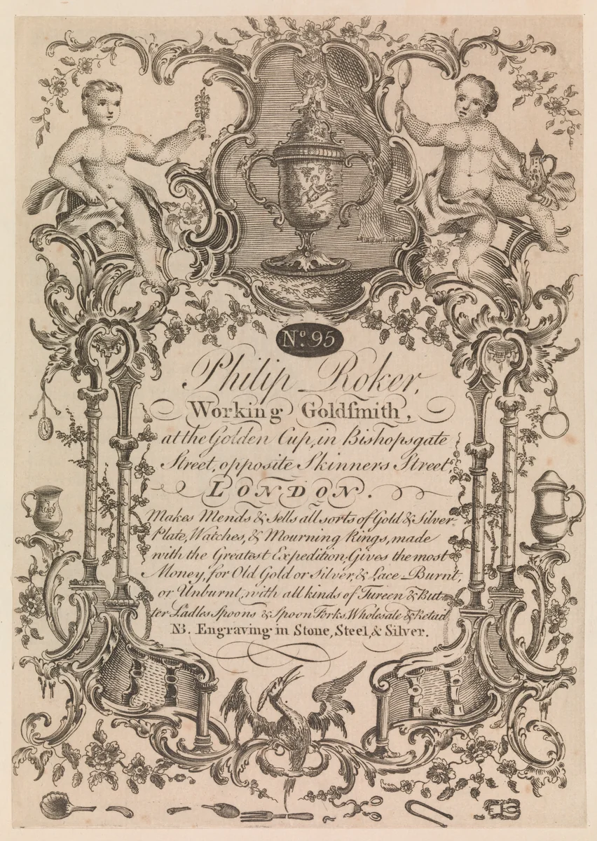 Trade Card of Philip Roker, Goldsmith by anonymous, print, 1745-1755