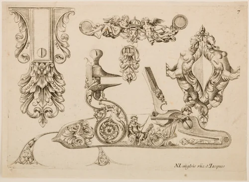 Plate Seven from Plusieurs Models des plus nouuelles manieres qui sont en usage en l'Art de Arquebuzerie by C. Jacquinet, print, 1635-1685