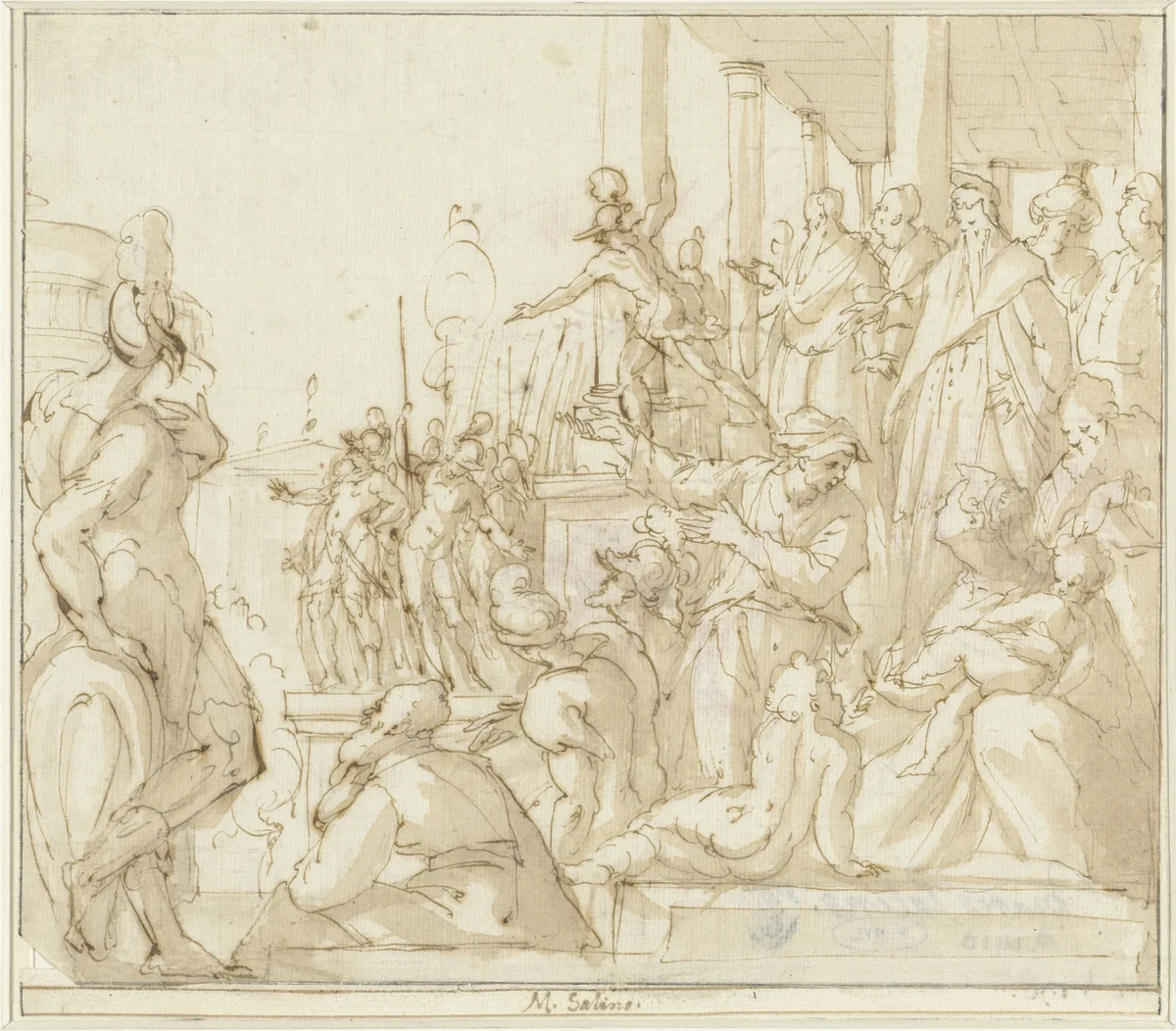 Alexander temt het paard Bucephalos by Unknown, drawing, 1530-1588