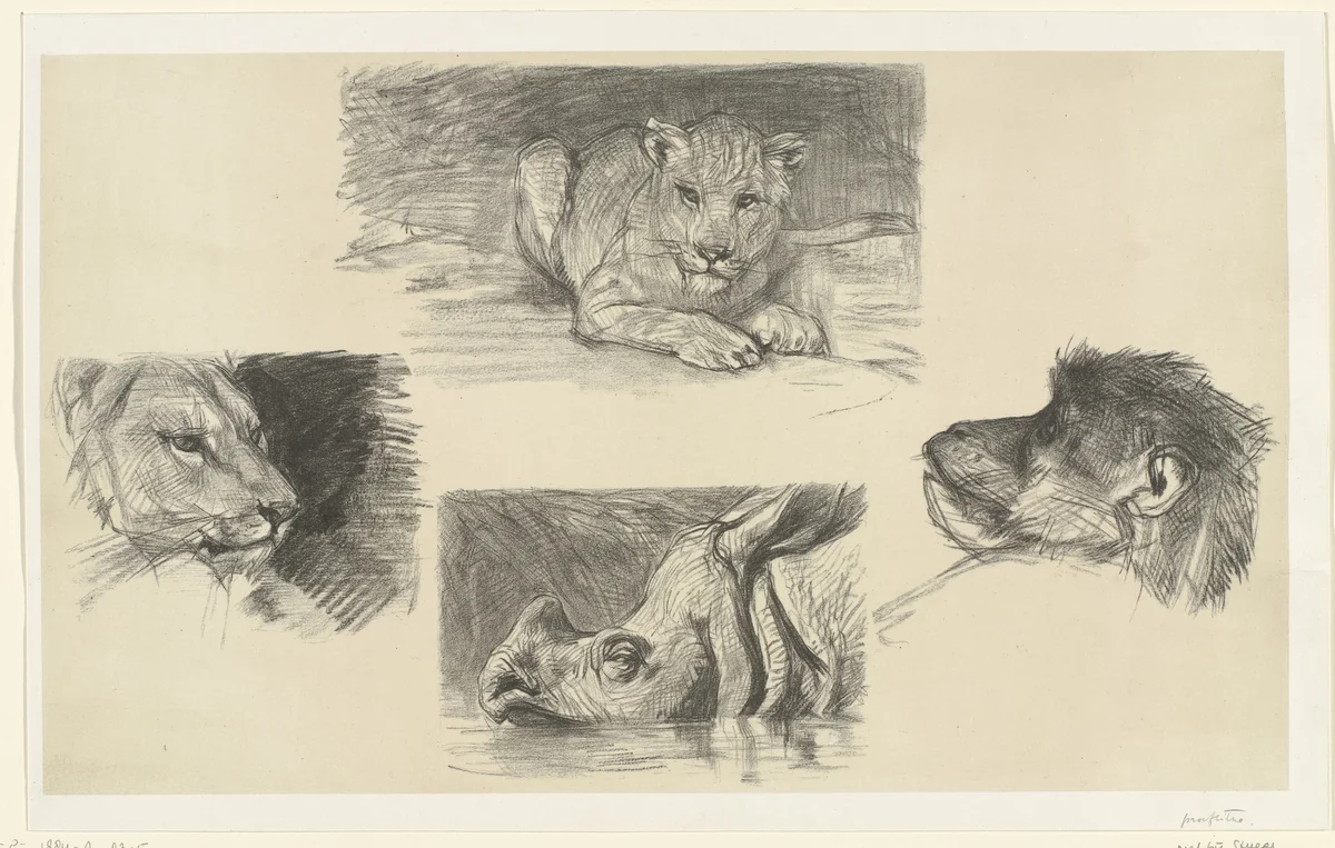 Vier dieren by August Allebé, print, 1848-1884