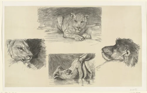 Vier dieren by August Allebé, print, 1848-1884