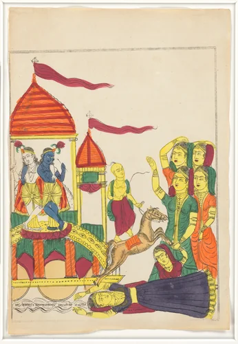 Krishna and Balarama depart Vrindavan by Becharam Das Dutta, print, 1856
