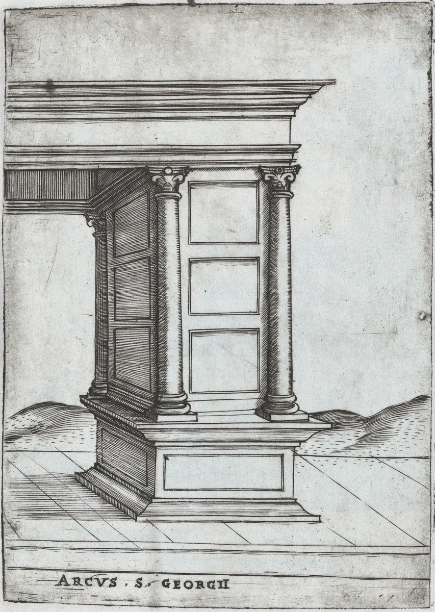 Arcus in Provincia, from a Series of Prints depicting (reconstructed) Buildings from Roman Antiquity by Monogrammist G.A. with the Caltrop, book, 1530-1550