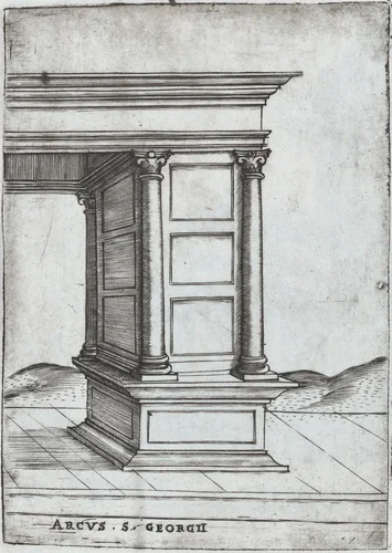 Arcus in Provincia, from a Series of Prints depicting (reconstructed) Buildings from Roman Antiquity by Monogrammist G.A. with the Caltrop, book, 1530-1550