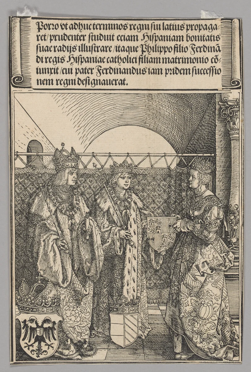 Betrothal of Phillipp with Johanna, plate 15 from Historical Scenes from the Life of Emperor Maximilian I from the Triumphal Arch by Albrecht Dürer, print, 1515-1517