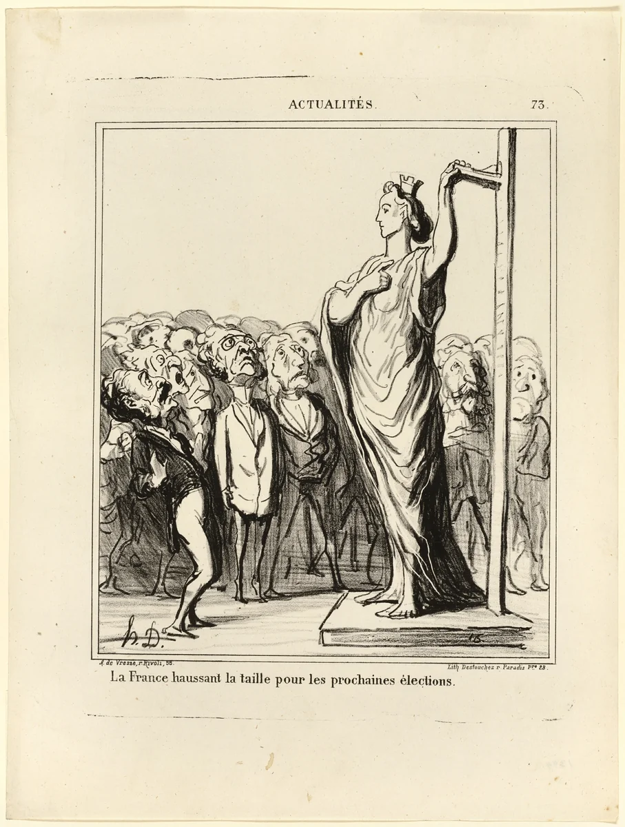 France preparing to get her candidates to pass muster under the measure of standards, plate 73 from Actualités by Honoré-Victorin Daumier, print, 1869