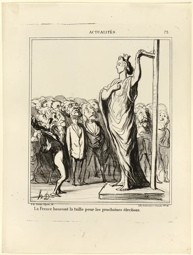 France preparing to get her candidates to pass muster under the measure of standards, plate 73 from Actualités by Honoré-Victorin Daumier, print, 1869