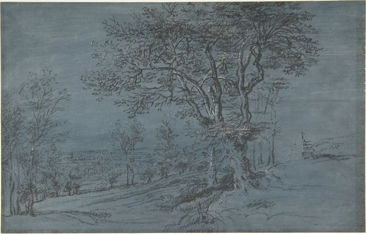 Wooded Landscape with a House by a River by Lucas van Uden, drawing, 1610-1673