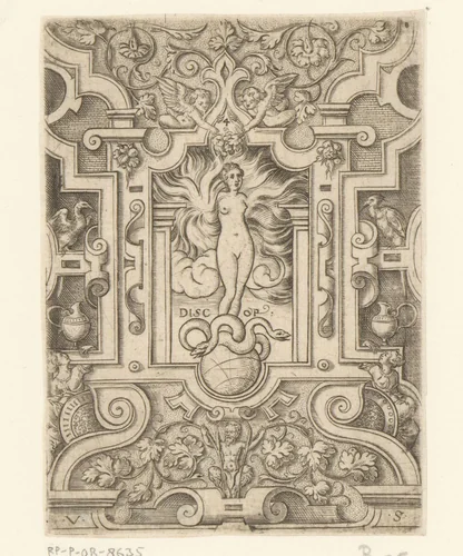 Discordia in een rolwerk omlijsting by Unknown, print, 1524-1562