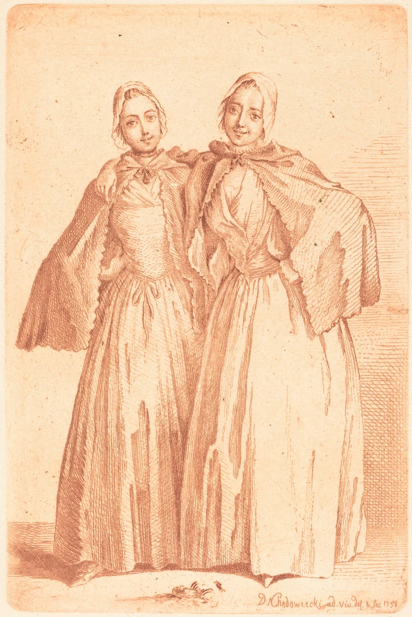 Two Standing Ladies (Demoiselles Quantin) by Daniel Nikolaus Chodowiecki, print, 1726-1801