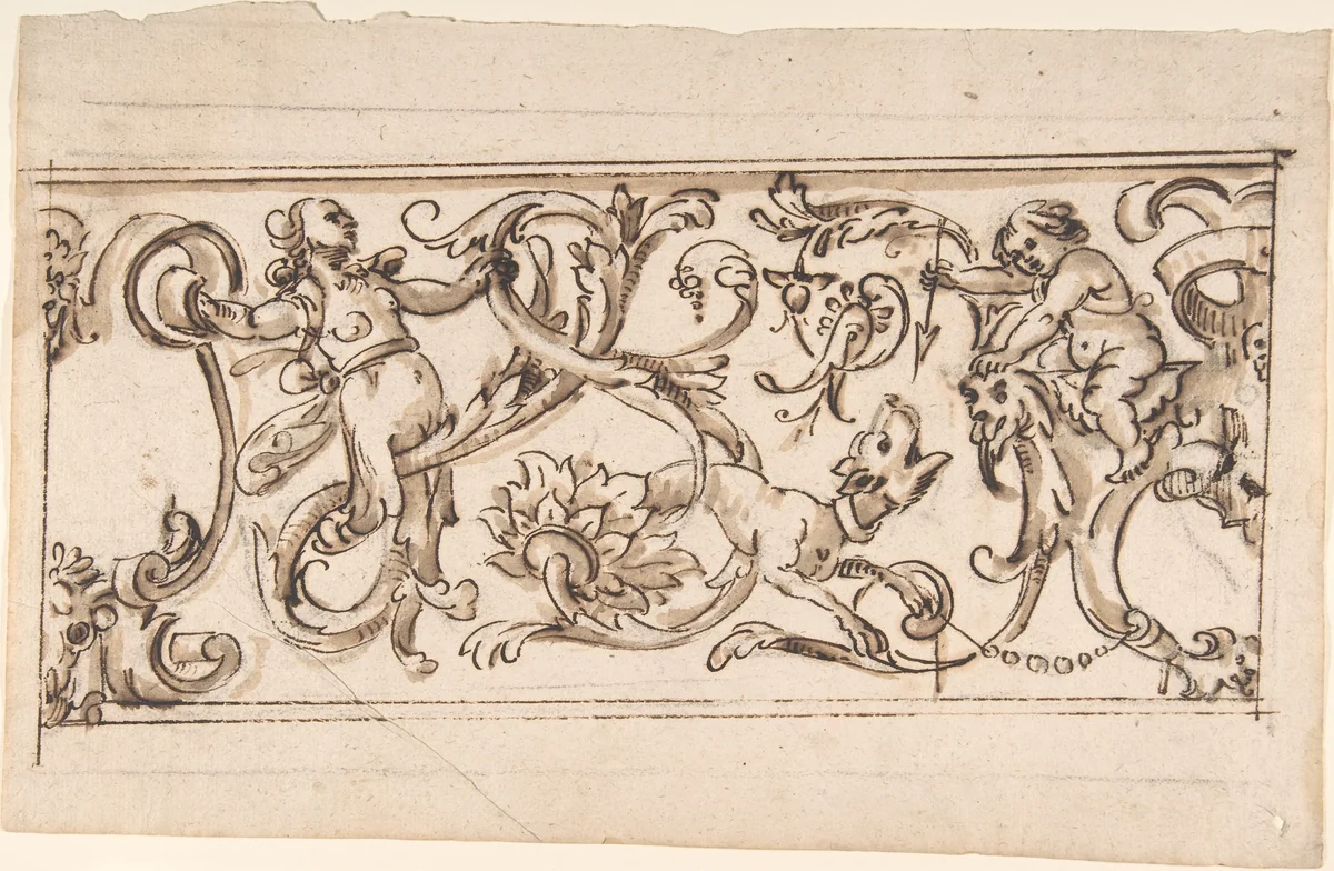 Drawing for a Frieze with Rinceau and Grotteschi by anonymous, drawing, 1600-1699