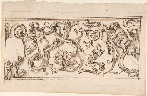 Drawing for a Frieze with Rinceau and Grotteschi by anonymous, drawing, 1600-1699