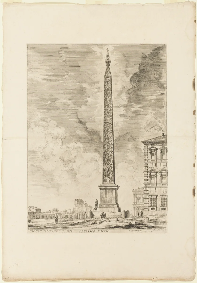 Egyptian Obelisk. This was erected by Pope Sixtus V in the Piazza of St. John Lateran, from Views of Rome by Giovanni Battista Piranesi, print, 1750-1759