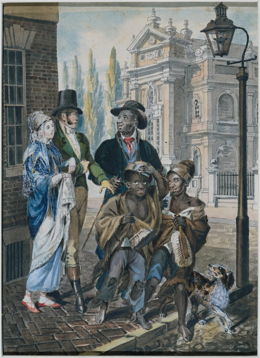 "Worldly Folk" Questioning Chimney Sweeps and Their Master before Christ Church, Philadelphia by John Lewis Krimmel, artwork, 1811-1816