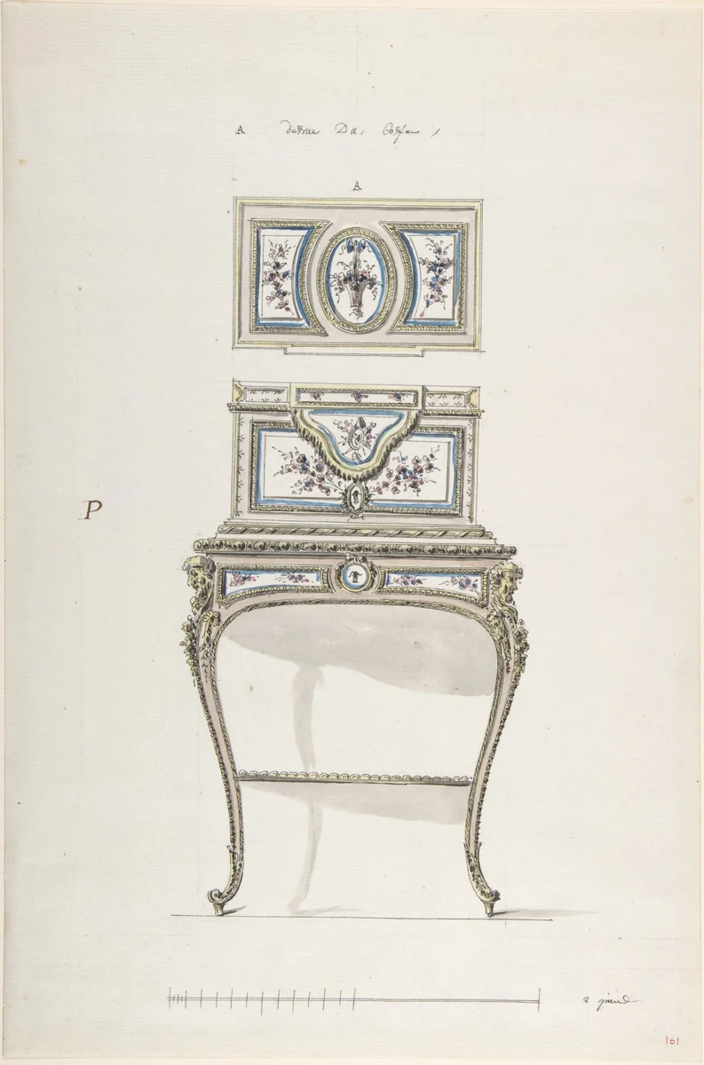 Design for a Jewel Coffer on a Writing Stand by anonymous, drawing, 1770-1775