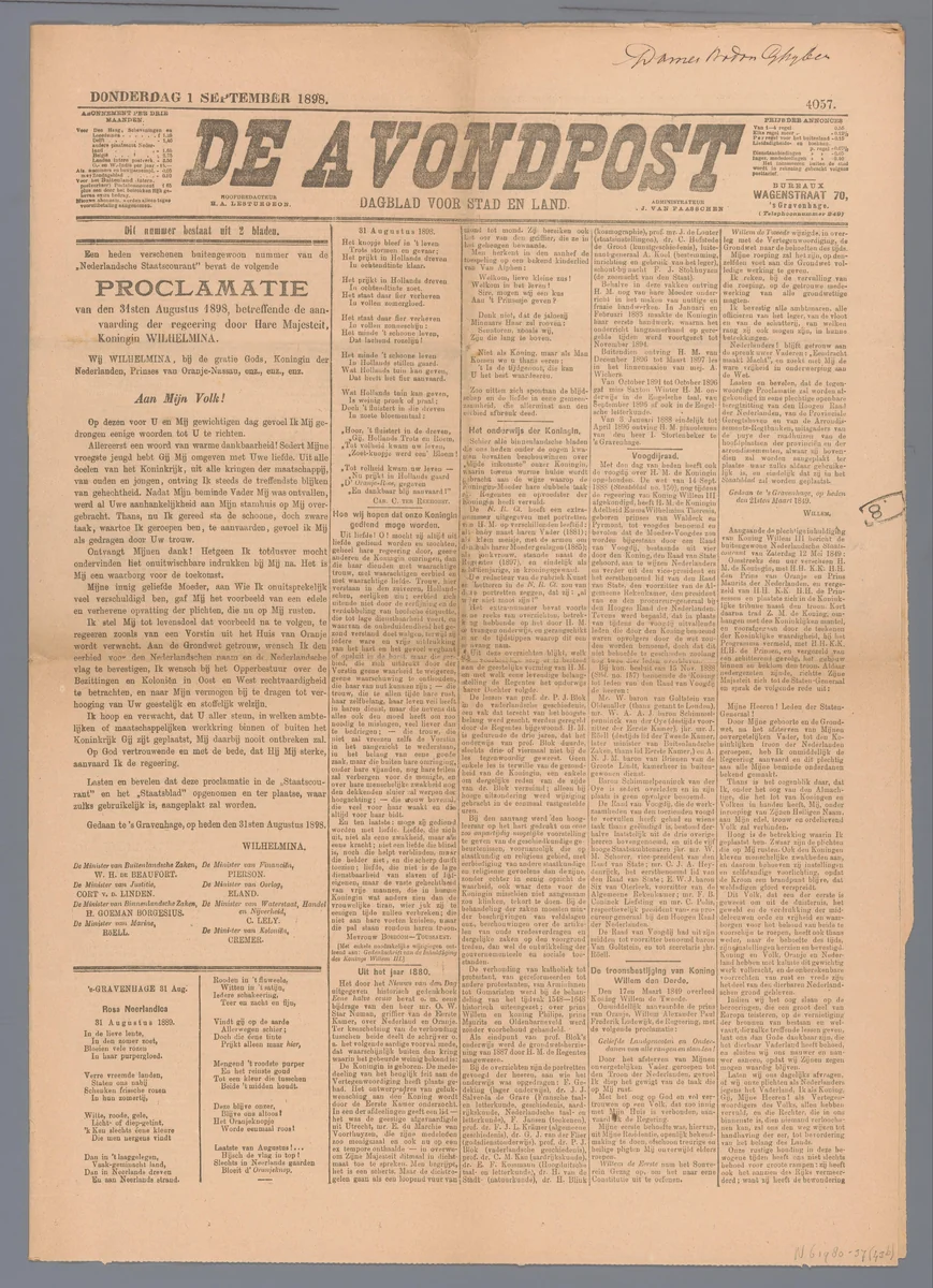 de Avondpost; dagblad voor stad en land by De Avondpost, other, 1898
