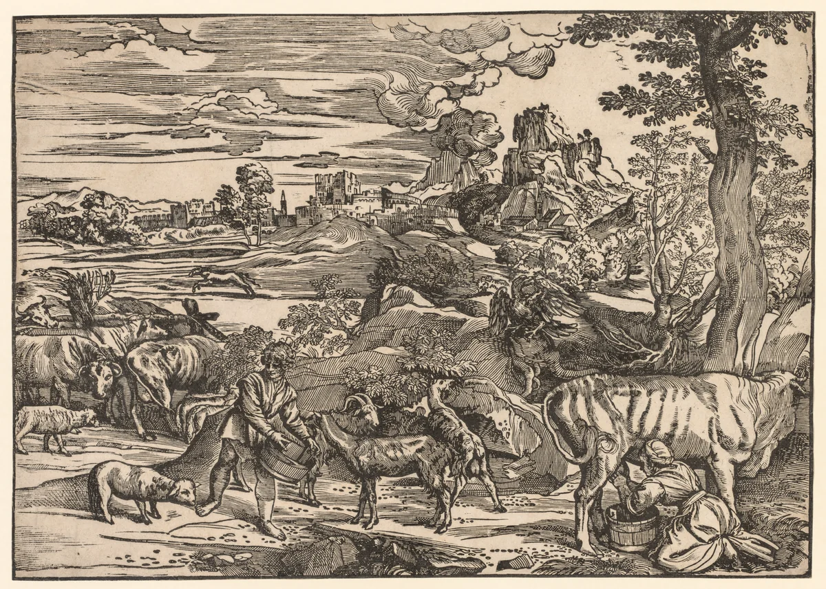 Landscape with a Milkmaid by Niccolo Boldrini, print, 1520-1530