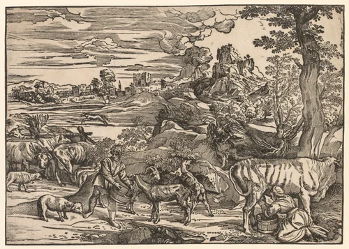 Landscape with a Milkmaid by Niccolo Boldrini, print, 1520-1530