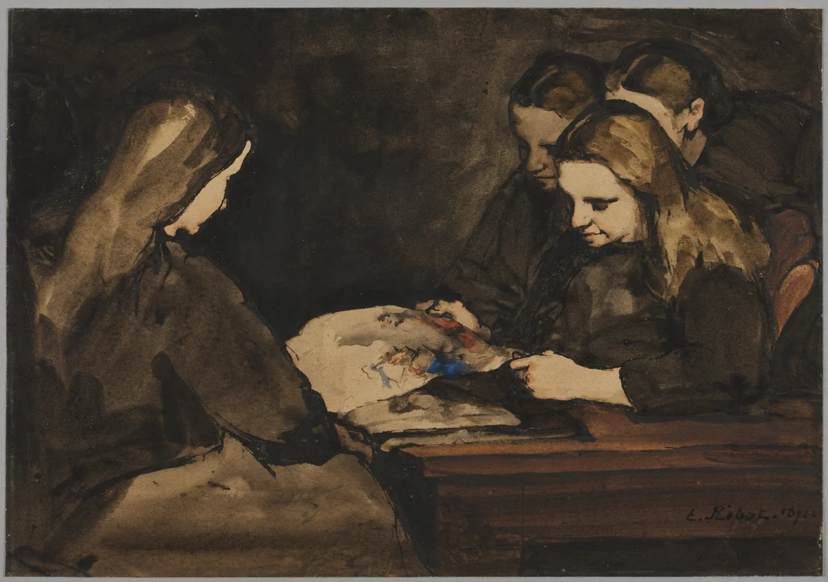 Four Girls Studying a Drawing by Théodule Ribot, drawing, 1876
