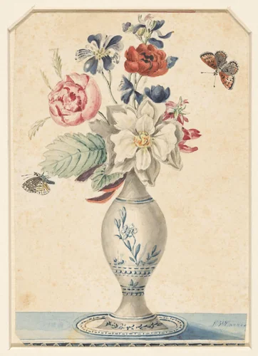 Vaasje met bloemen en een grijsgele vlinder by L.W. Garrison, drawing, 1800-1900