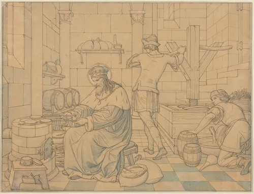 Saint Wenzel Cooking Hosts as Two Youths Press Wine by Edward Jakob von Steinle, drawing, 1866