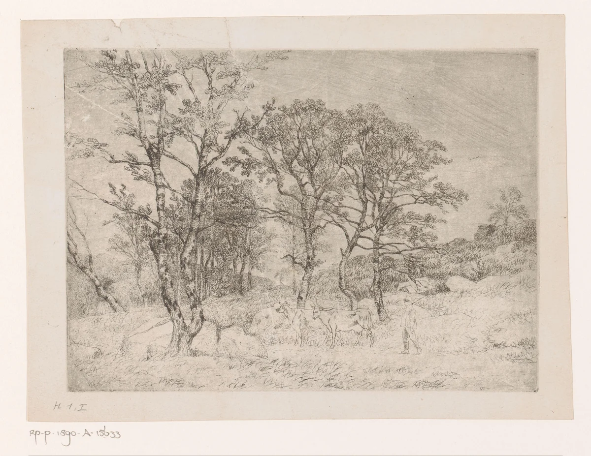 Gezicht in het bos van Fontainebleau met twee koeien by Jean Pierre François Lamorinière, print, 1838-1889