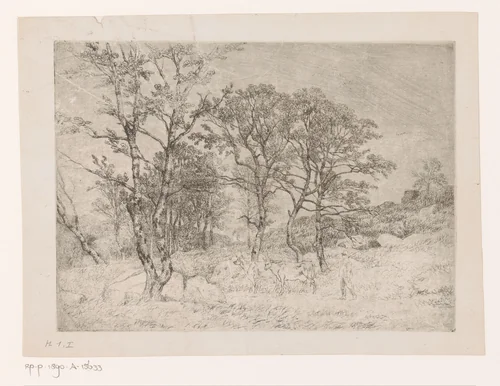 Gezicht in het bos van Fontainebleau met twee koeien by Jean Pierre François Lamorinière, print, 1838-1889