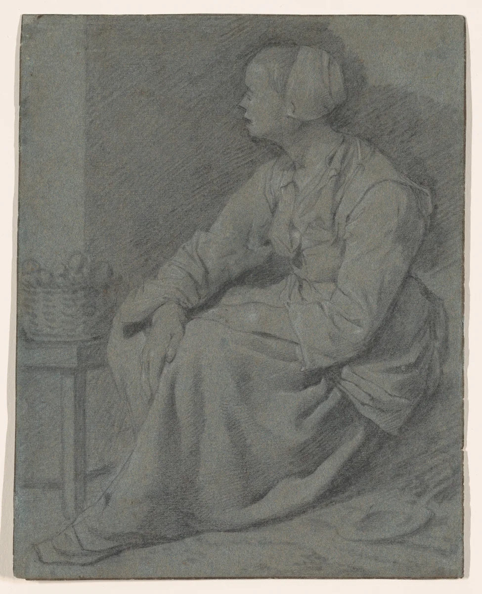A Woman Seated Near a Basket on a Stool by Cornelis Bega, drawing, 1650-1664